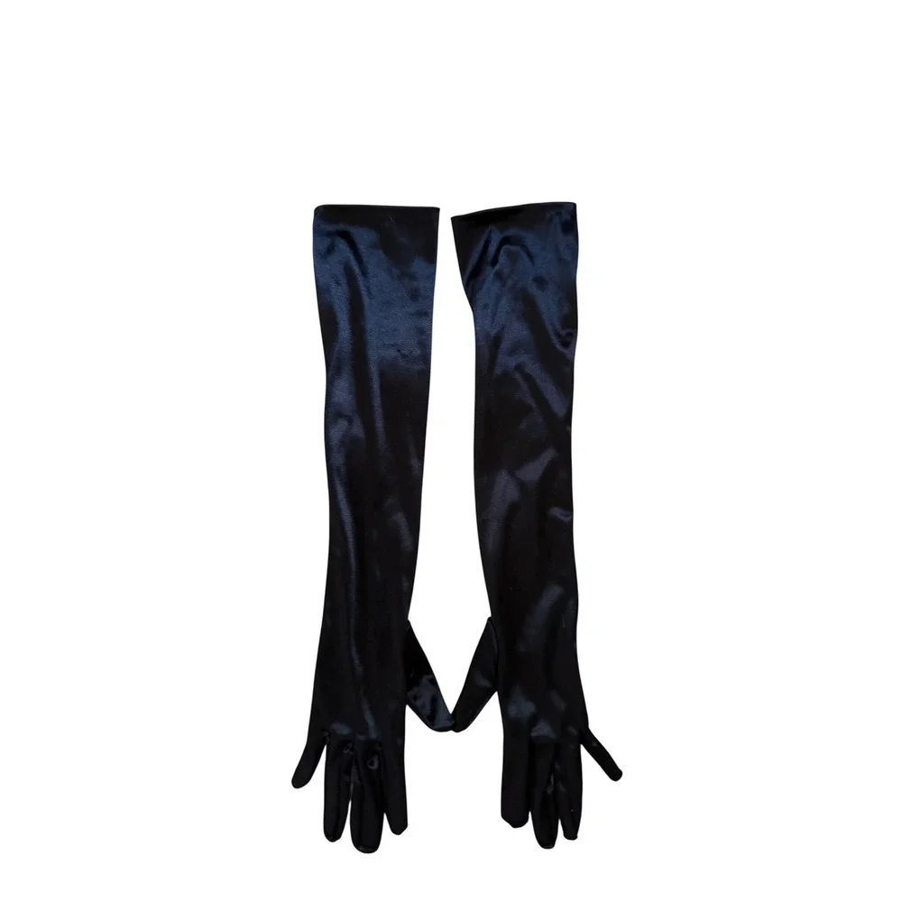 Vintage Style Black Satin Opera Length Evening Gloves Over Elbow Formal 21 Inch